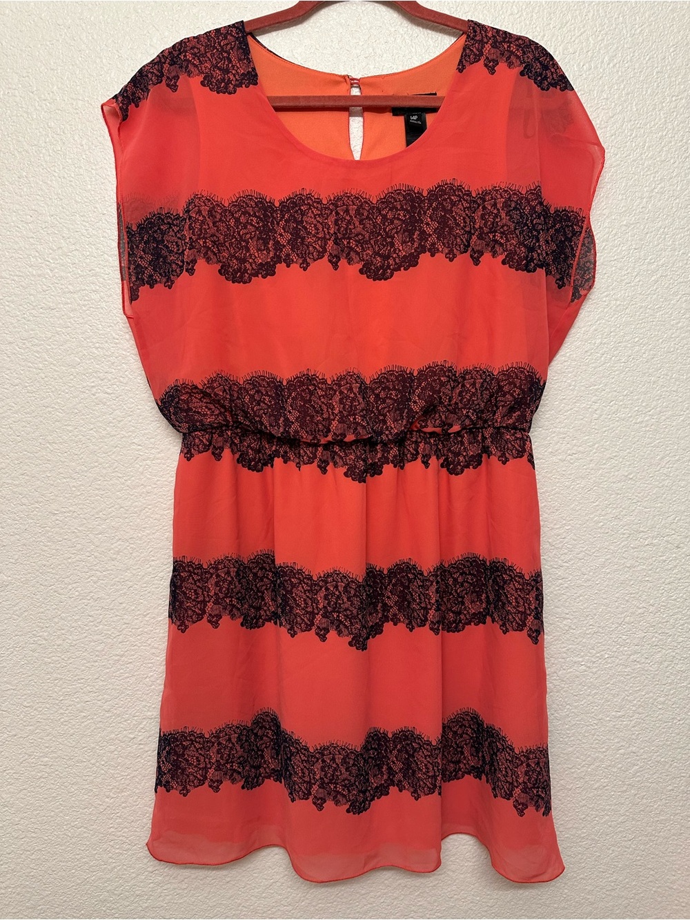 Enfocus Studio Coral Mini Dress with Black Lace Stripes
